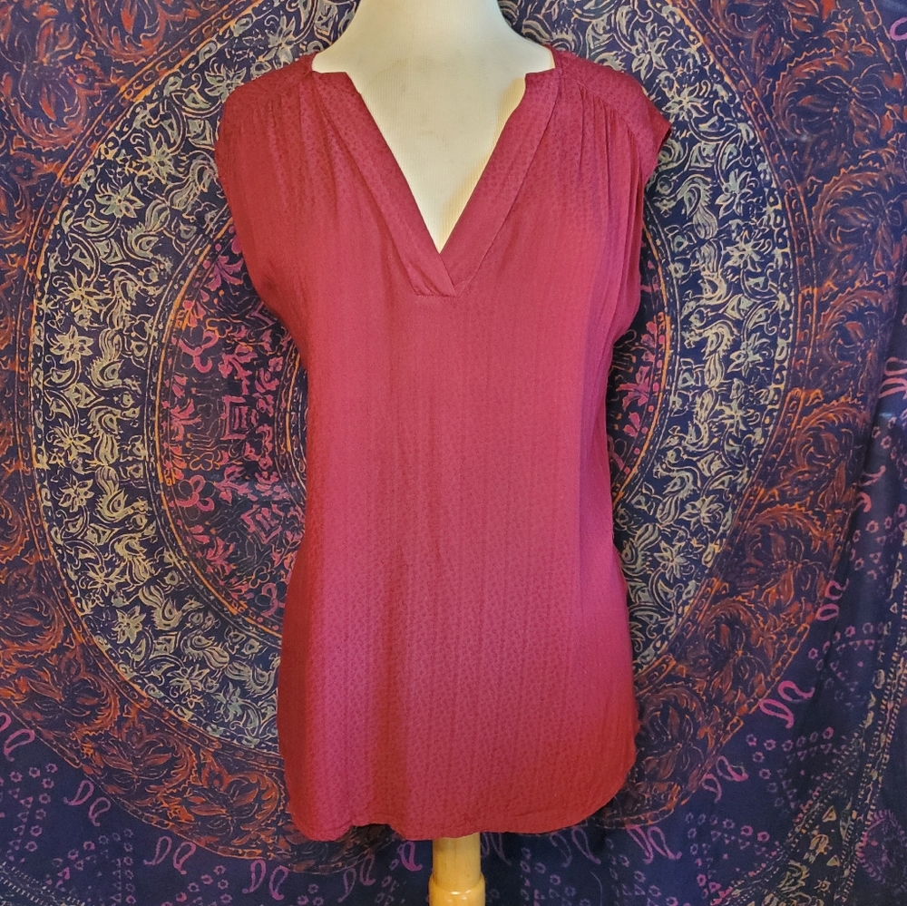 A New Day Burgundy Lightweight Semi Sheer Top with V-Neck Opening Womens S
